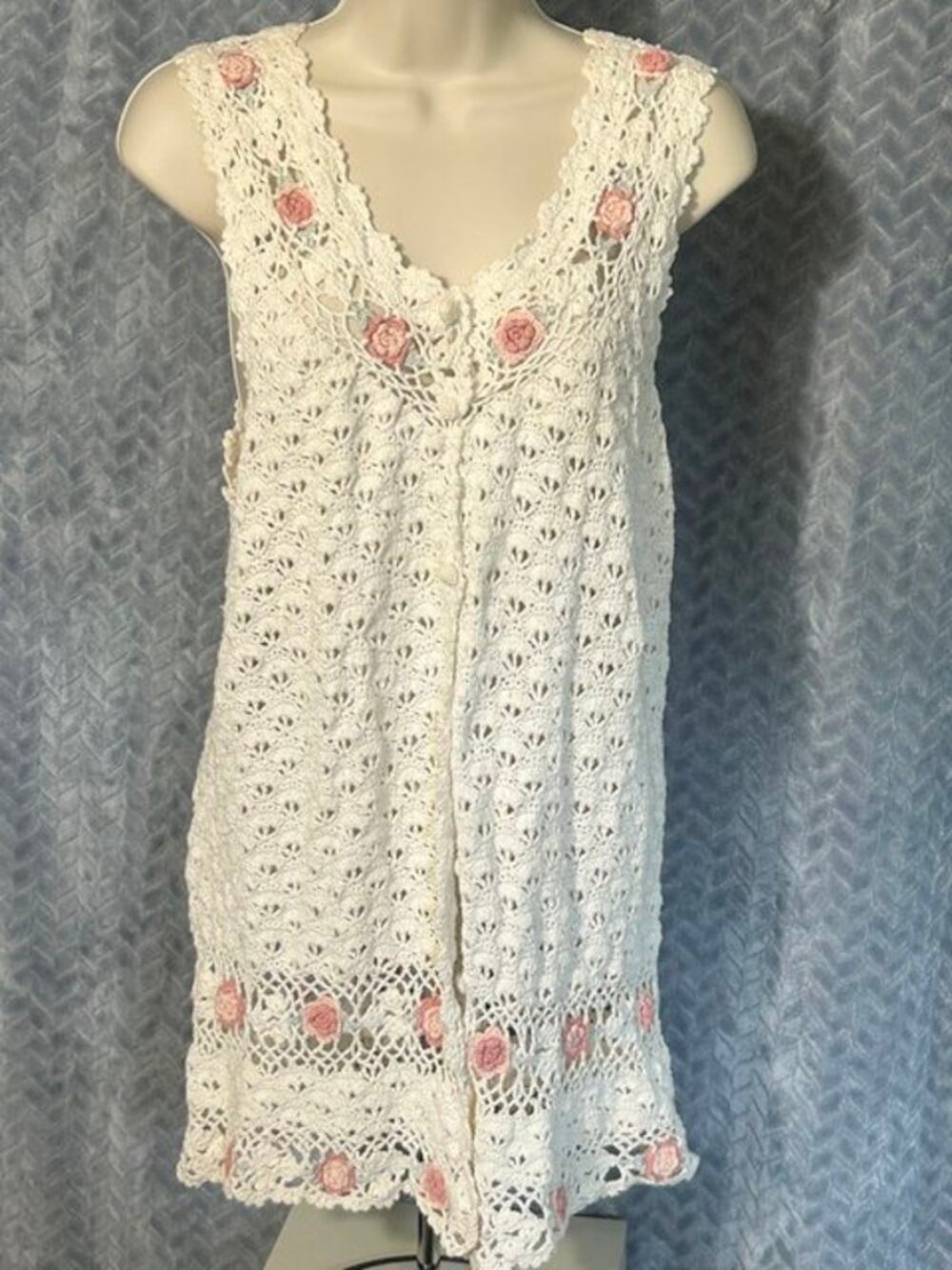 Shenanigans Open Knit Floral Vest Hand Knit Vintage Inspired BOHO Hippie Preppy